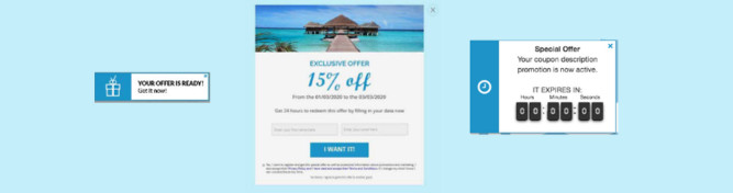 Customer Journey Popup Customer Journey product consisting of a notification, a popup and a countdown clock